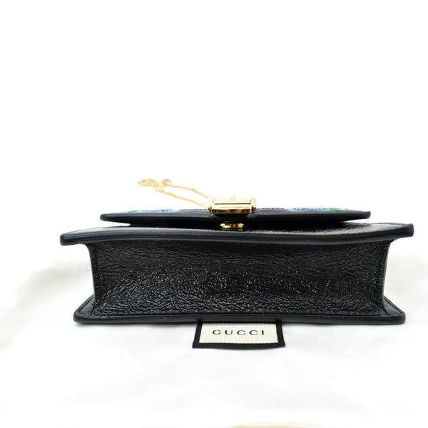 GUCCI Super Mini Sylvie Embroidered Leather Crossbody Chain Wallet Black 494646