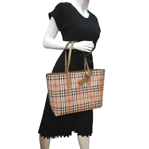 Burberry Reversible Haymarket Coated Canvas Tote Bag Tan