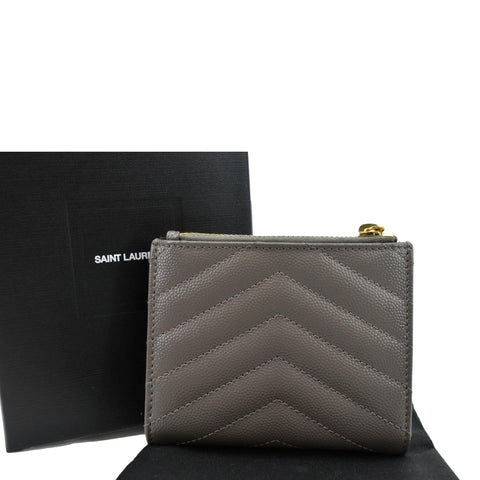 YVES SAINT LAURENT Monogram Compact Leather Zip Wallet Grey
