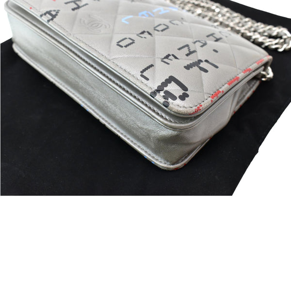 CHANEL Data Center Metallic Quilted Lambskin Wallet on Chain Gray