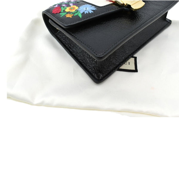 GUCCI Super Mini Sylvie Embroidered Leather Crossbody Chain Wallet Black 494646