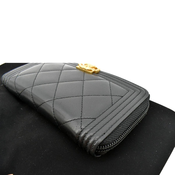 Chanel Small Boy Lambskin Zip Around Wallet in Black - Top Left