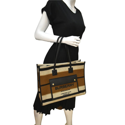 BURBERRY Freya Medium Calfskin Leather Canvas Hobo Natural