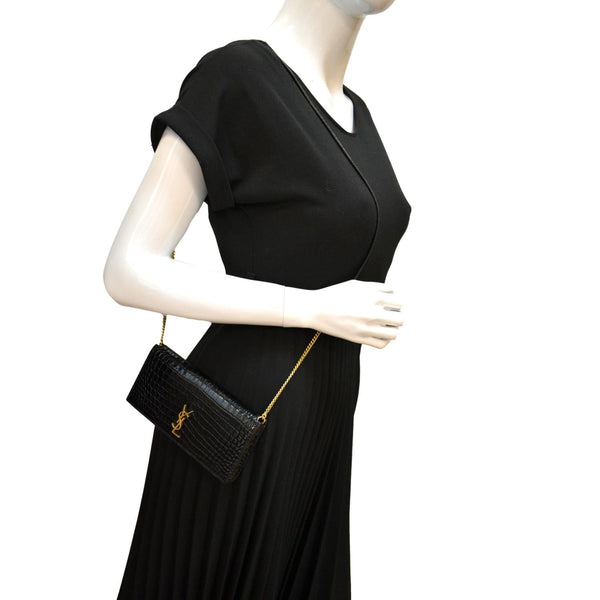 Yves Saint Laurent Kate Crocodile Leather Shoulder Bag Black - Full View