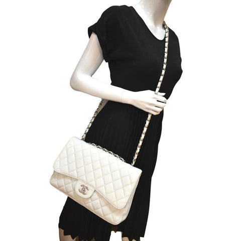 CHANEL Classic Jumbo Flap Caviar Leather Shoulder Bag White - Hot Deals