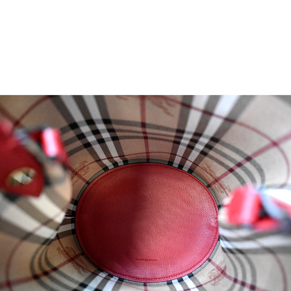 BURBERRY Reversible Haymarket Check Leather Bucket Crossbody Bag Red