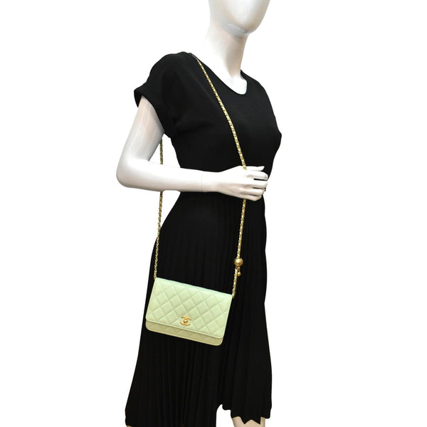 CHANEL CC Pearl Crush Lambskin Leather Wallet On Chain Crossbody Bag Light Green