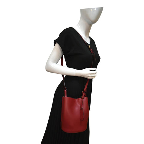 BURBERRY Reversible Haymarket Check Leather Bucket Crossbody Bag Red