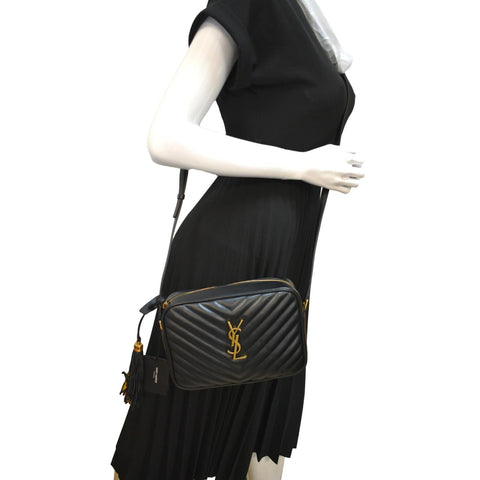 YVES SAINT LAURENT Lou Chevron Leather Camera Crossbody Bag Black