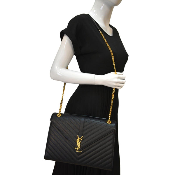 YVES SAINT LAURENT Large Envelope Mix Matelasse Grain De Poudre Chain Shoulder Bag Black