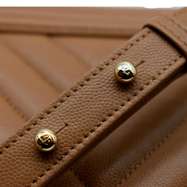 CHANEL Medium Boy Flap Chevron Caviar Leather Crossbody Bag Beige