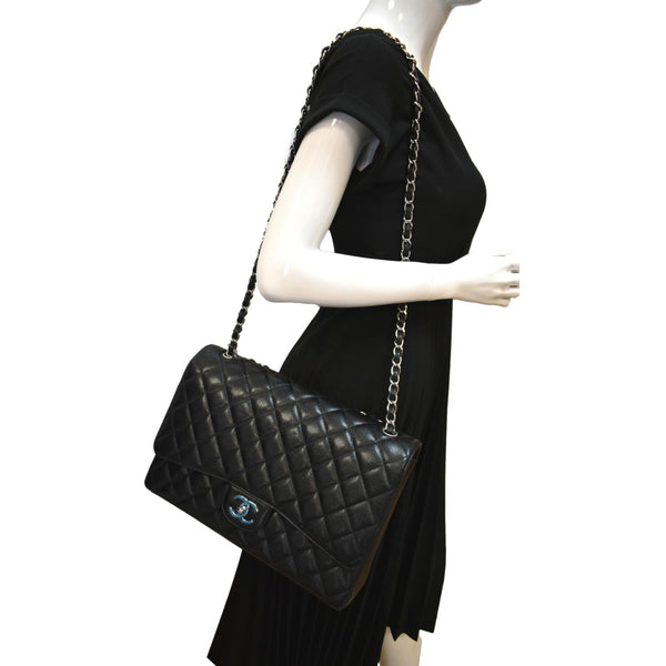 CHANEL Maxi Classic Flap Caviar Leather Shoulder Bag Black