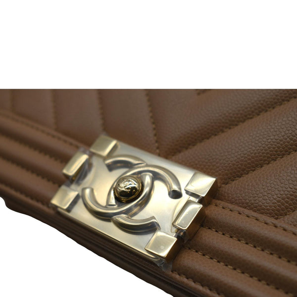 CHANEL Medium Boy Flap Chevron Caviar Leather Crossbody Bag Beige