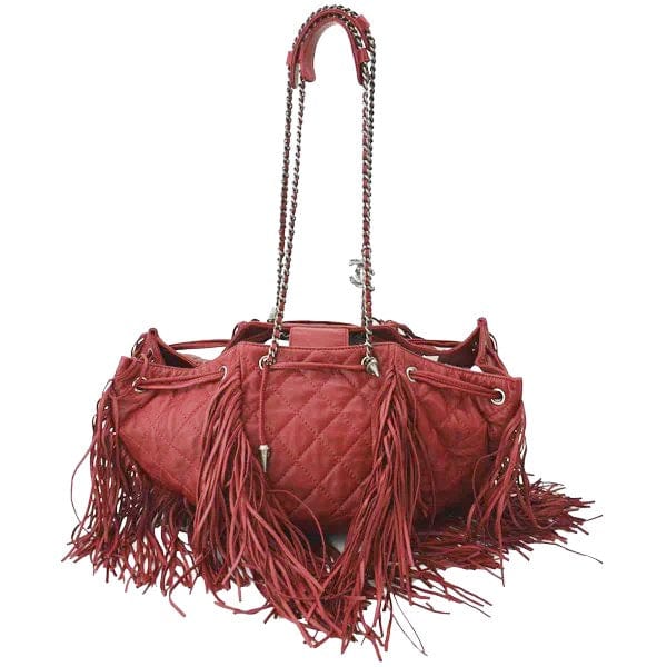 CHANEL Paris Dallas Drawstring Fringe Leather Shoulder Bag Red