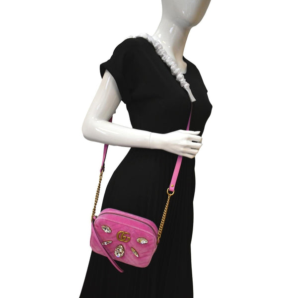 GUCCI GG Marmont Mini Marquise Crystal Velvet Crossbody Bag Pink
