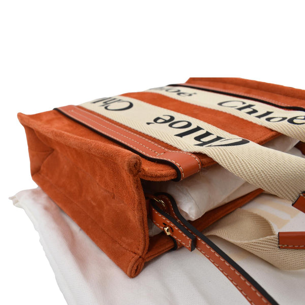 Chloe Woody Logo Small Suede Tote Shoulder Bag Orange - Left Side