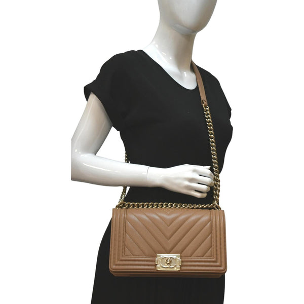 CHANEL Medium Boy Flap Chevron Caviar Leather Crossbody Bag Beige