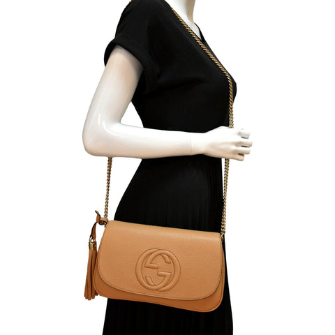 Gucci Soho Chain Flap Leather Crossbody Bag in Brown - Full View