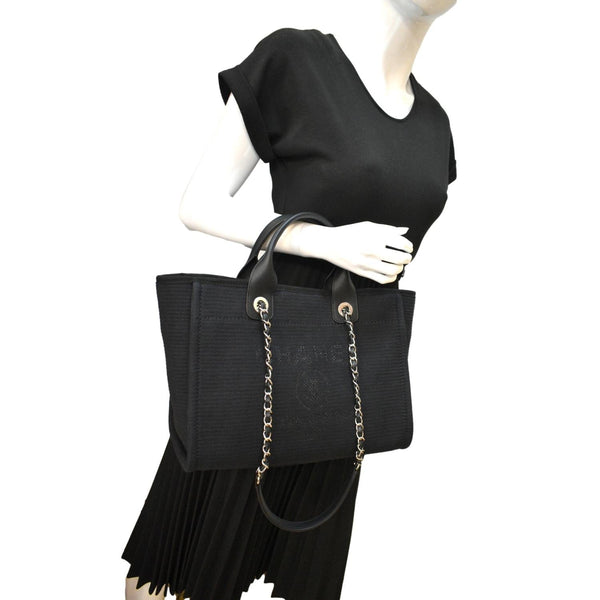 Chanel Deauville Small Canvas Leather Tote Bag Dark Blue - Full View