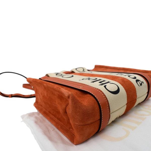 Chloe Woody Logo Small Suede Tote Shoulder Bag Orange - Bottom Left