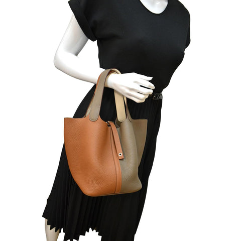HERMES Picotin Lock 22 Taurillon Clemence Leather Satchel Bag Bicolor