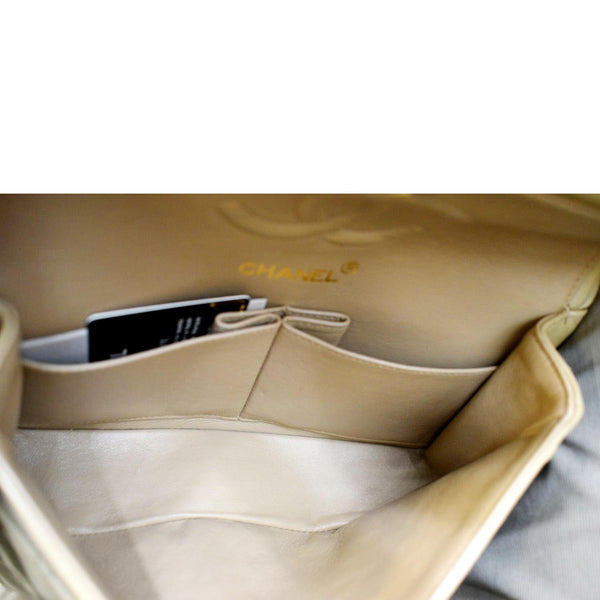 CHANEL Classic Double Flap Leather Shoulder Bag Beige
