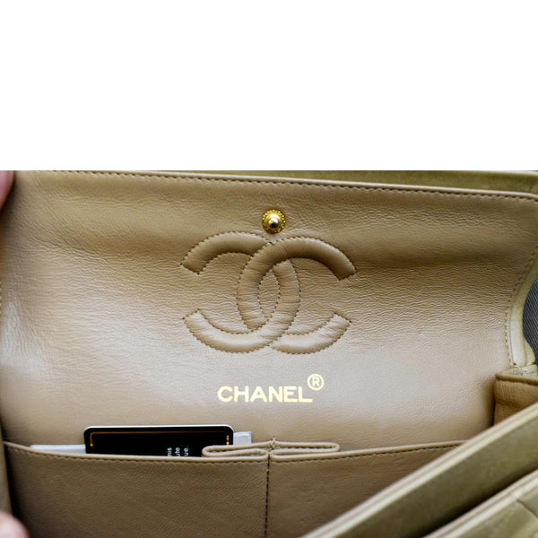 CHANEL Classic Double Flap Leather Shoulder Bag Beige