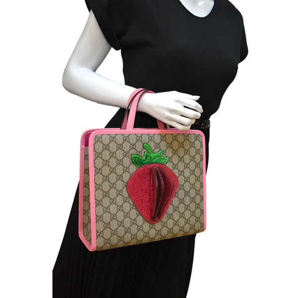 Gucci Kids Strawberry GG Supreme Canvas Tote Bag Beige - Full View