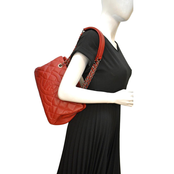 CHANEL Timeless CC Soft Quilted Caviar Leather Shopping Tote Bag Red