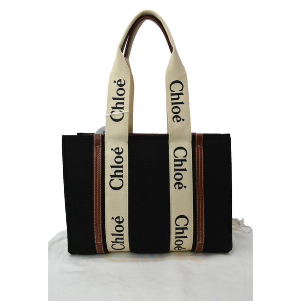 CHLOE Medium Woody Calfskin Canvas Tote Bag Black