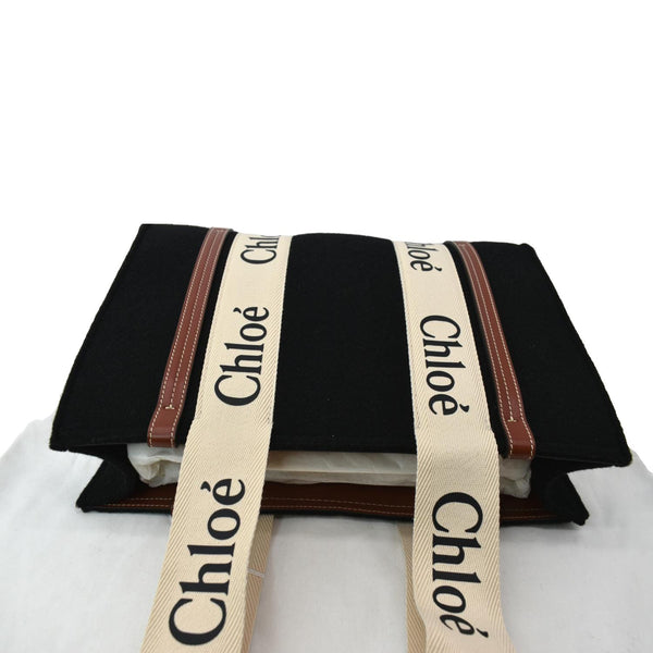 CHLOE Medium Woody Calfskin Canvas Tote Bag Black