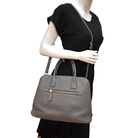 PRADA Cuir Open Promenade Saffiano LeatherTop Handle Tote Bag Grey