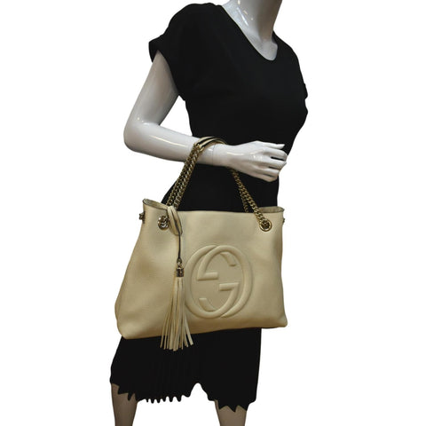 GUCCI Soho Medium Chain Leather Tote Shoulder Bag Ivory 536196