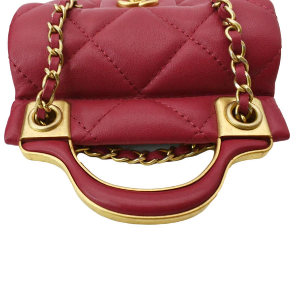 CHANEL Women Top Handle Flap Card Holder Quilted Leather Chain Shoulder Bag Red