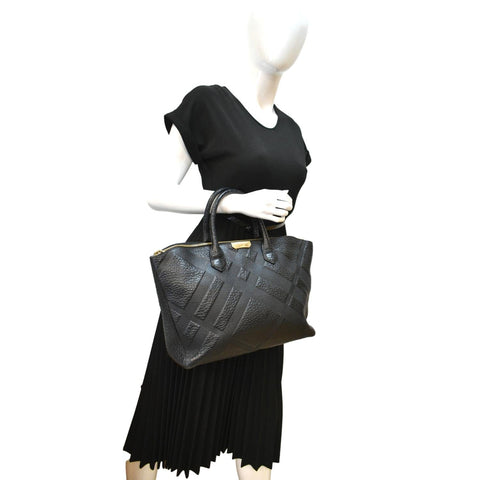 BURBERRY Dewsbury Medium Grain Check Embossed Tote Bag Black-Dallas Designer