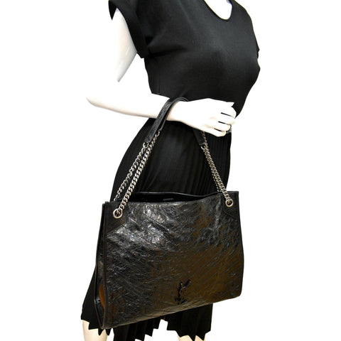 YVES SAINT LAURENT Niki Large Crinkle Leather Shopper Tote Bag Black