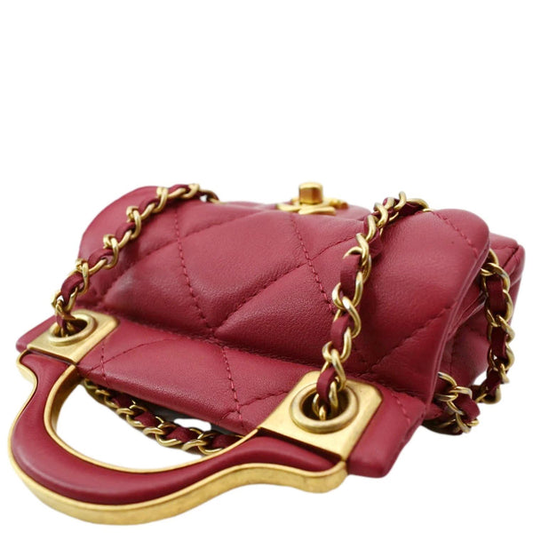 CHANEL Women Top Handle Flap Card Holder Quilted Leather Chain Shoulder Bag Red