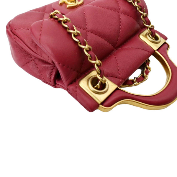 CHANEL Women Top Handle Flap Card Holder Quilted Leather Chain Shoulder Bag Red