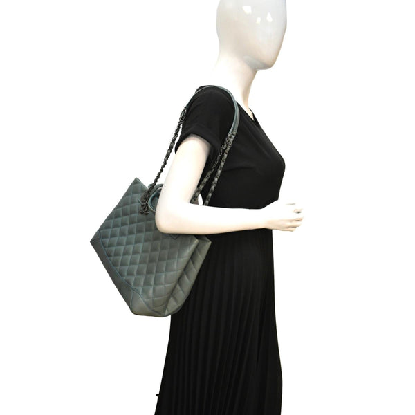 CHANEL Quilted Leather Easy Shopping Tote Bag Light Green