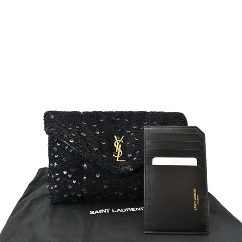 YVES SAINT LAURENT Small Puffer Sequin Clutch Wallet Black - sold
