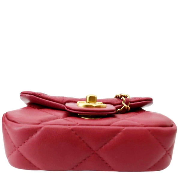 CHANEL Women Top Handle Flap Card Holder Quilted Leather Chain Shoulder Bag Red