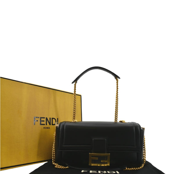FENDI Baguette Mini Lambskin Leather Chain Shoulder Bag Black