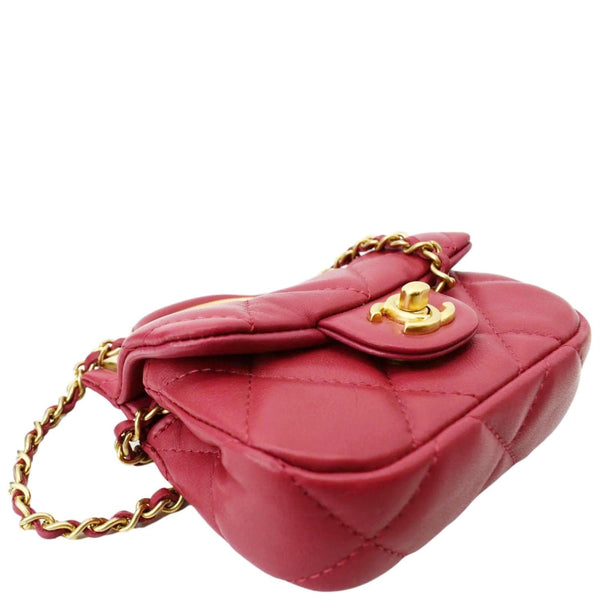 CHANEL Women Top Handle Flap Card Holder Quilted Leather Chain Shoulder Bag Red