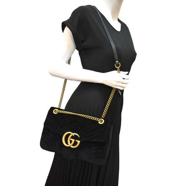 GUCCI GG Marmont Velvet Shoulder Bag Navy Blue 443496