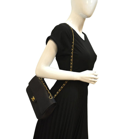 CHANEL Classic Medium Double Flap Caviar Leather Shoulder Bag Black