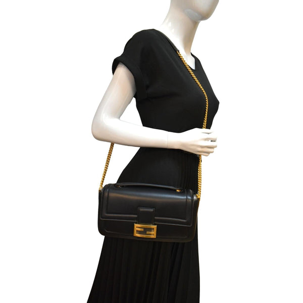 FENDI Baguette Mini Lambskin Leather Chain Shoulder Bag Black
