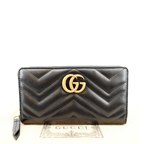 GUCCI GG Marmont Matelasse Chevron Leather Zip Around Wallet Black 443123