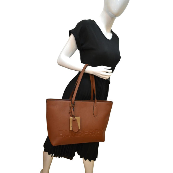 Burberry Logo Medium Embossed Leather Tote Bag in Tan - Full View