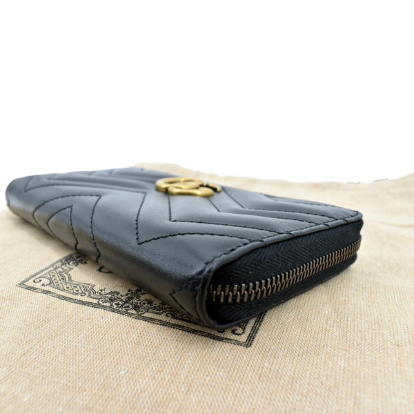 GUCCI GG Marmont Matelasse Chevron Leather Zip Around Wallet Black 443123
