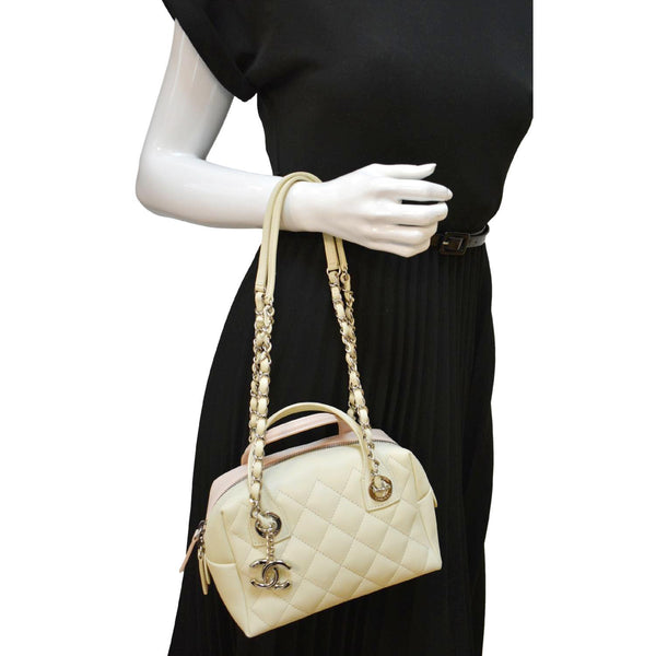 CHANEL Feather Weight Quilted Calfskin Bowling Bag Ivory